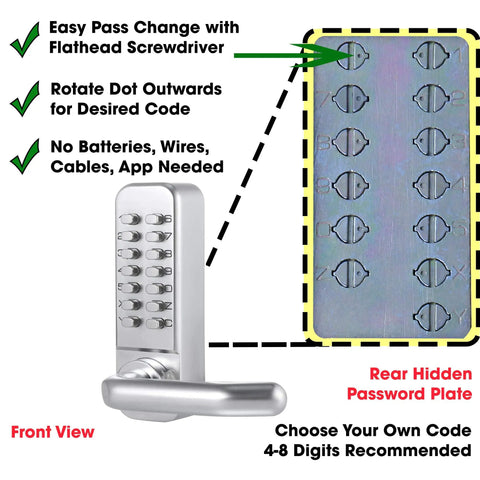 Front view of keyless entry 14 digit keypad mechanical door lock lever set, satin chrome finish, with rear hidden password plate.