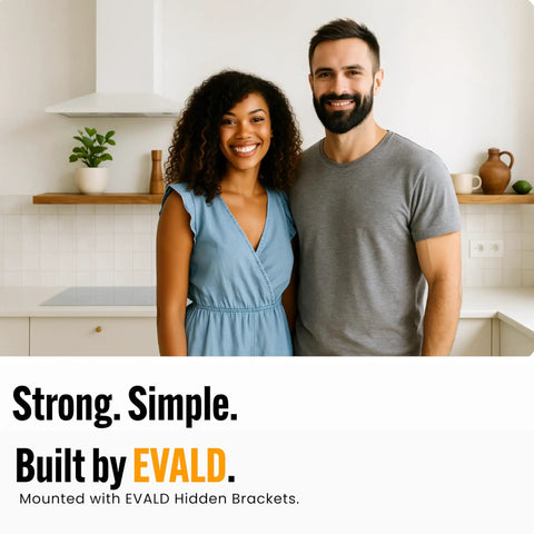 Couple in kitchen with shelf using Six Inch Titan Mount Floating Shelf Brackets Tough As Nails Heavy Duty Hidden Carbon Steel Wall Supports.