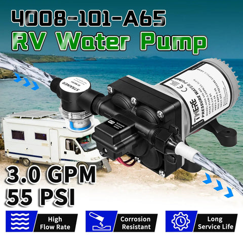 Image of Totally Quiet 12V RV Water Pump With Strainer, 55 PSI 3.0 GPM On Demand Diaphragm Pump For Camper RV Shower Or Sprayer