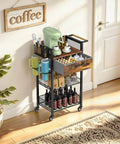 Four Tier Rolling Coffee Cart With Flexible Removable Shelves And Smooth Gliding Wheels, displaying coffee supplies and drinks.