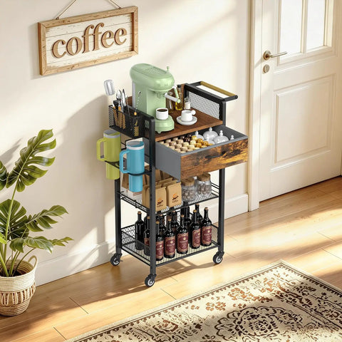 Four Tier Rolling Coffee Cart With Flexible Removable Shelves And Smooth Gliding Wheels, displaying coffee supplies and drinks.