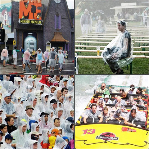 Emergency Disposable Rain Ponchos With Drawstring Hood For Adults Family Pack Clear 10 Pack shown worn in theme park and rain settings