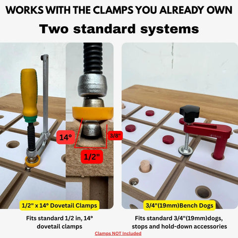 Heavy Duty Dovetail Clamping Board For Woodworking 12 X 18 Inch Benchtop With Dual Track System And Standard Dog Holes showcasing two standard systems for clamps.