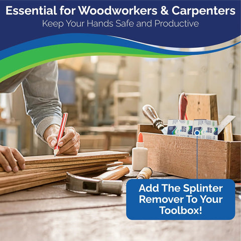 Painless Splinter Removal Kit (30-Pack) in a woodworking workshop with wood boards and tools