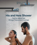 GRANDJOY Dual 12" Shower System with Handheld Spray, Matte Black in use, with couple enjoying rainfall feature.