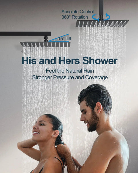 GRANDJOY Dual 12" Shower System with Handheld Spray, Matte Black in use, with couple enjoying rainfall feature.