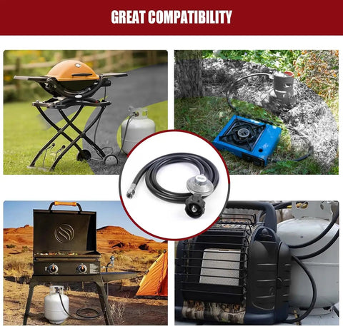 Two Foot Universal Grill Regulator and Propane Hose for Most LP Grills, various outdoor cooking setups displayed
