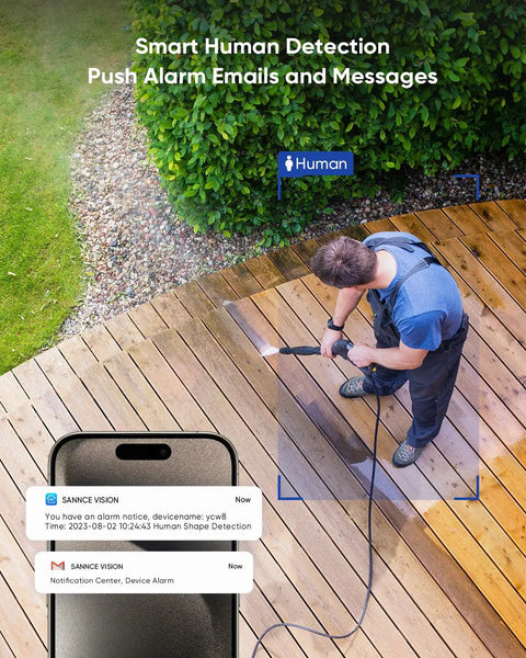 Man using power washer, "Smart Human Detection" and phone alerts shown, with 16 Channel 1080P DVR Recorder With Email Alerts And Motion Detection.