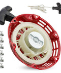 Pull Start Recoil Starter For Predator 212cc And 173cc OHV Engines, shown with red housing and rope, bolts included