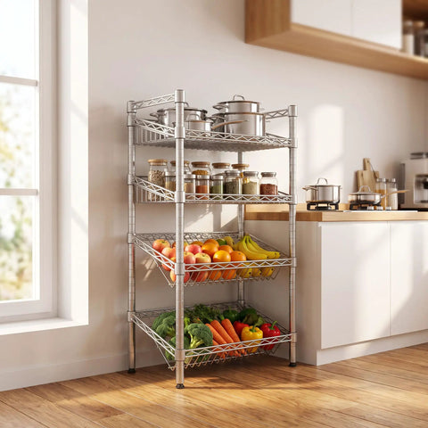 4 Tier Adjustable Wire Shelving Rack Built Tough As Nails For Ridiculously Sturdy Versatile Indoor Storage And Game Changing Heavy Duty Load Bearing Power with fruit and vegetables in kitchen