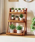 Foldable 3 Tier Ladder Plant Stand Made Of Solid Wood For Indoor Outdoor Use Space Saving Corner Shelf showcasing potted plants outdoors