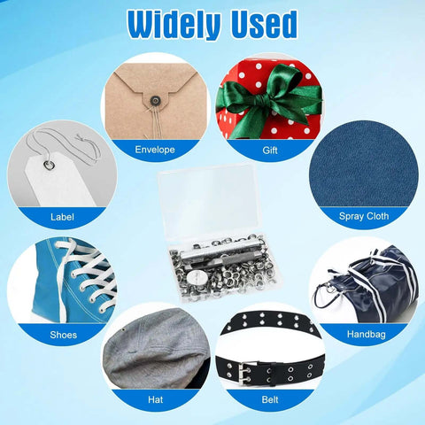 Durable Quarter Inch Grommet Kit With Tool Set Of 120 Metal Eyelets And Punch Tools displays usage on various items.