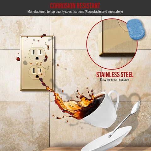 Duplex Receptacle Metal Wall Plate 1-Gang 4.50 By 2.76 Inches Brass Plated Stainless Steel 201 finish resisting spill