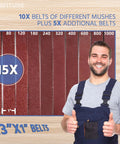 Man standing with 15 abrasive belts for Mini Belt Sander Kit With 15 Abrasive Belts, 7 Speed Adjustable Edge Sharpening Tool.