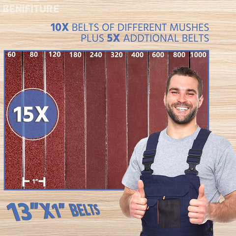 Man standing with 15 abrasive belts for Mini Belt Sander Kit With 15 Abrasive Belts, 7 Speed Adjustable Edge Sharpening Tool.