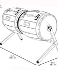 Diagram of Double Bin Rotating Composter With Two 50 Gallon Barrels For Nonstop Composting, dimensions shown in inches and cm