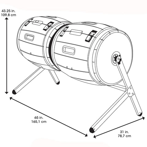 Diagram of Double Bin Rotating Composter With Two 50 Gallon Barrels For Nonstop Composting, dimensions shown in inches and cm