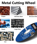 Ultra Thin 4.5 Inch Cut Off Wheel Set 50 Plus 2 Pack For Metal And Stainless Steel Cutting On Angle Grinders, displayed with metal types and applications.