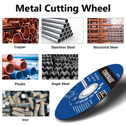 Ultra Thin 4.5 Inch Cut Off Wheel Set 50 Plus 2 Pack For Metal And Stainless Steel Cutting On Angle Grinders, displayed with metal types and applications.