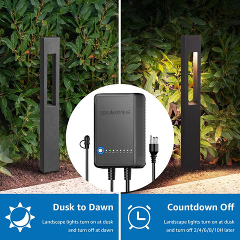All In One LED Low Voltage Landscape Lighting Kit 12 Pack With 60W Transformer 100 Feet Wire 12 Aluminum Pathway Lights 3000K Warm White ETL Listed Waterproof No Fuss Setup For Gardens And Pathways outdoor pathway lighting with dusk-to-dawn sensor and countdown timer feature.