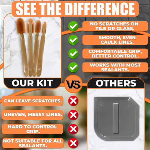 Comparison of 4 Piece Caulking Tool Set For Silicone Sealant And Grout With DIY Friendly Pro Grade Finish versus another tool set.