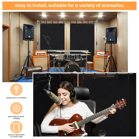 Heavy Duty Memory Foam Sound Dampening Blanket With Steel Grommets For Wall Hanging in a home studio setup with musicians.
