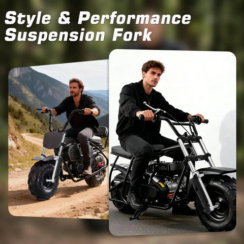 Riders on mini bikes showcasing Universal Front Fork Suspension Kit Replacement For Mini Bikes Ready To Bolt On For CT100U