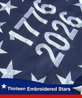 Detail of Rugged 3x5 Outdoor American Flags For 250th Anniversary Betsy Ross Style Nylon with embroidered stars and years 1776 and 2026.