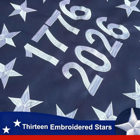 Detail of Rugged 3x5 Outdoor American Flags For 250th Anniversary Betsy Ross Style Nylon with embroidered stars and years 1776 and 2026.