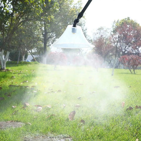 Drift Guard With Flat Sprayer Nozzle For Backpack Sprayers Reduces Fine Droplet Drift With Wind Shield in use on grassy lawn