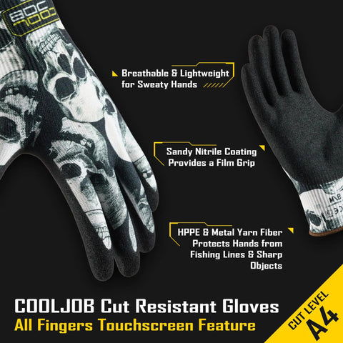 Two Pairs A4 Cut Resistant Gloves For Work And Fishing With Touchscreen Compatibility, Nitrile Grip, Large, showing front view and details.