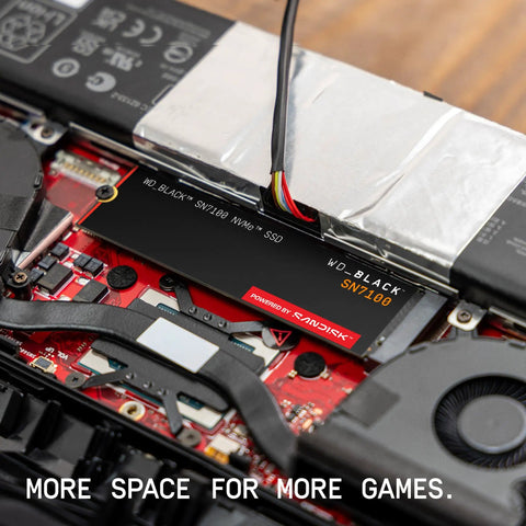 SN7100 1TB NVMe SSD Gen4 PCIe M2 2280 installed inside a gaming laptop for high octane on-the-go storage.