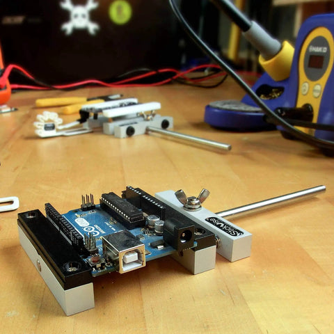 Low Profile PCB Vise With Nylon Jaws Keeps Your Board Flat At The Table For Easy Soldering Rework Probing And Testing So Your Hands Stay Free And You Can Hack On That Board Like A Pro Gray, holding Arduino board