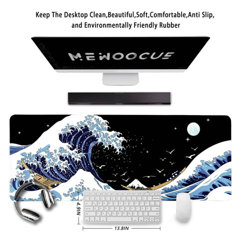 Massive Kanagawa Surfing Themed Gaming Mouse Pad Desk Mat 31.5 x 11.9 Inches Waterproof Non Slip XXL Keyboard Pad For Home Office And Gaming Setup For Any Desk And Gaming Rig, showing desk setup with computer and accessories.