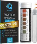 DoubleCheck Water Hardness Test Kit With 200 Strips And Sample Cup, packaging and contents displayed, dual pad color readout visible
