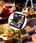 All-In-One 106-Piece Guitar Tool Kit With Capo, Strings, Picks, Bridge Pins, and Setup Essentials next to various guitars