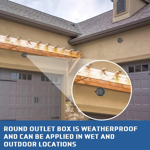 Beefy Four Pack Of 4-Inch Round Metal Electrical Boxes With 1/2-Inch Five-Hole Weatherproof Aluminum Outdoor Junction Box For Ceiling Fans And Lighting, UL Listed, Gray Finish, Includes Mounting Hardware installed on exterior wall for wet locations