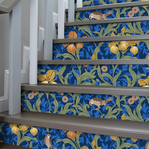 Vintage Bird Peel and Stick Wallpaper in Blue Floral Pattern on staircase steps, removable renter-friendly vinyl contact paper.