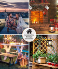 Collage of Outdoor Table Lamp With Bright LED Light, Solar Powered Rechargeable Lantern in various settings including patio and holiday decor.