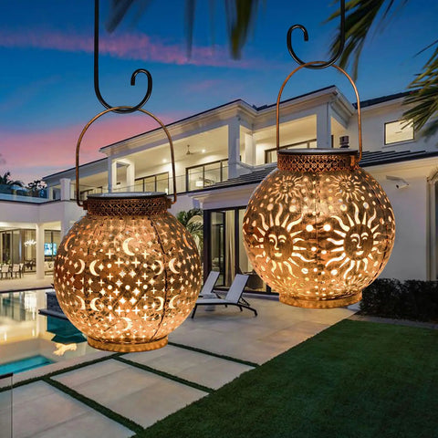 Two Pack Solar Lanterns Outdoor Waterproof Bronze Moon Star Sun Design Lights For Balcony And Yard Creates Cozy Romantic Vibes