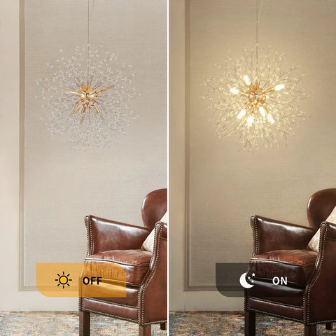 Eight Light Gold Dandelion Sputnik Crystal Chandelier Ceiling Light Fixture for Bedroom Living Room Dining Room Kitchen Island Hallway Modern Fixture Design turned on and off over leather chair