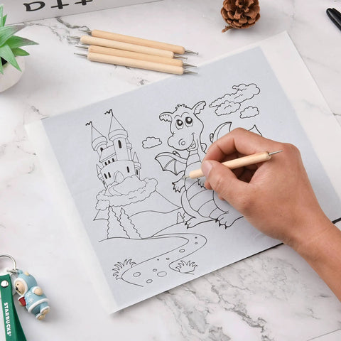 Person using 50 Sheets Carbon Paper Graphite Transfer Paper 8.5 By 11.5 Inch Tracing Paper Kit With 5 Embossing Styluses And Dotting Tools