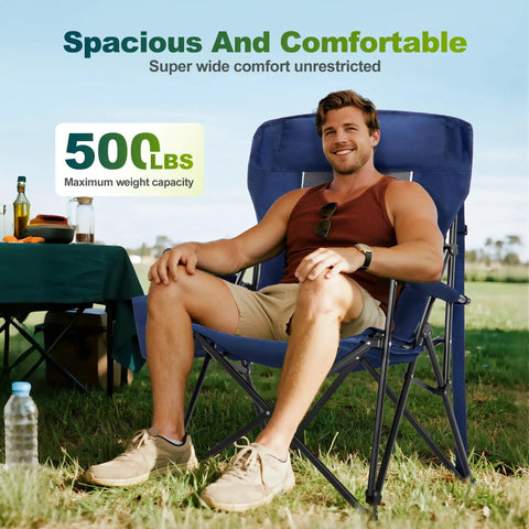 Man sitting on Oversized Folding Camping Chair With High Back Support Heavy Duty Lawn Chair For Adults Supports Up To 500 Lbs