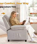 Woman reading in Cozy Linen Recliner Chair With Padded Deep Seat And Side Pockets, Easy Manual Recline To Near Flat by window