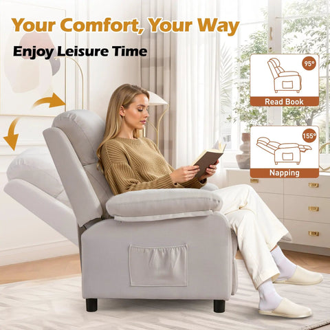 Woman reading in Cozy Linen Recliner Chair With Padded Deep Seat And Side Pockets, Easy Manual Recline To Near Flat by window