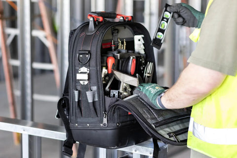 HVAC Pro Kit 32 Piece Service Installation And Fabrication Set With VETO Tech Pac Backpack, tools visible in open bag.