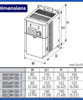 Diagram with dimensions of Compact M100 Series Variable Frequency Drive VFD 0.1 kW 1 eighth HP 1 Phase to 3 Phase Inverter for Small Motors