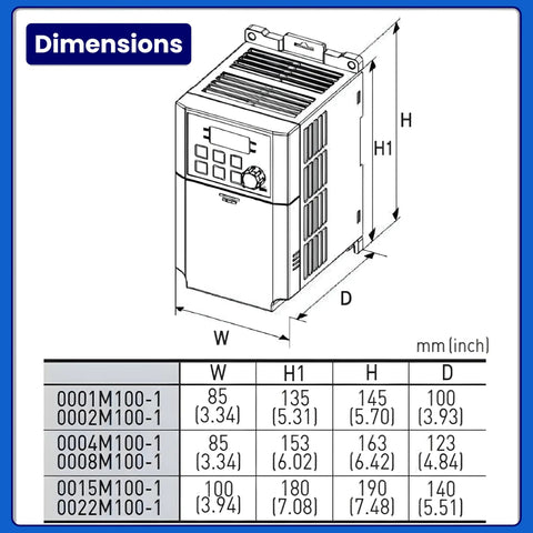 Diagram with dimensions of Compact M100 Series Variable Frequency Drive VFD 0.1 kW 1 eighth HP 1 Phase to 3 Phase Inverter for Small Motors