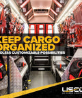 Heavy Duty L Track Double Stud Fittings 4 Pack 3/8 Inch Threaded Steel Bolts Built Tough displayed in an organized cargo area.