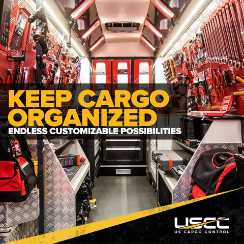 Heavy Duty L Track Double Stud Fittings 4 Pack 3/8 Inch Threaded Steel Bolts Built Tough displayed in an organized cargo area.